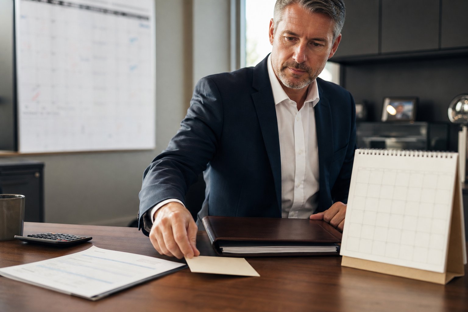 Dealership leader preparing a contract and calendar for an early renewal review