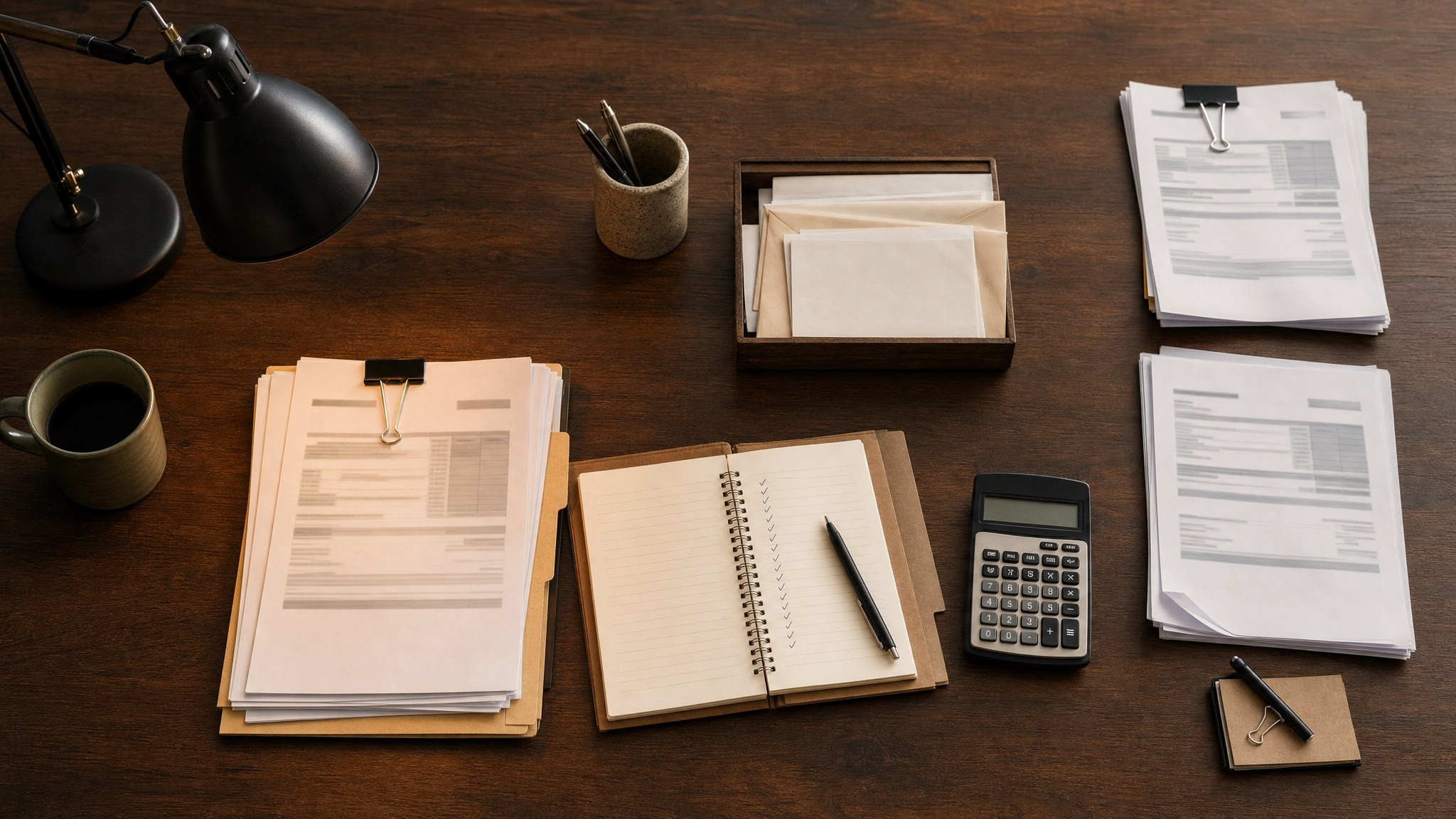 Vendor invoices, folders, calculator, and review checklist on a desk