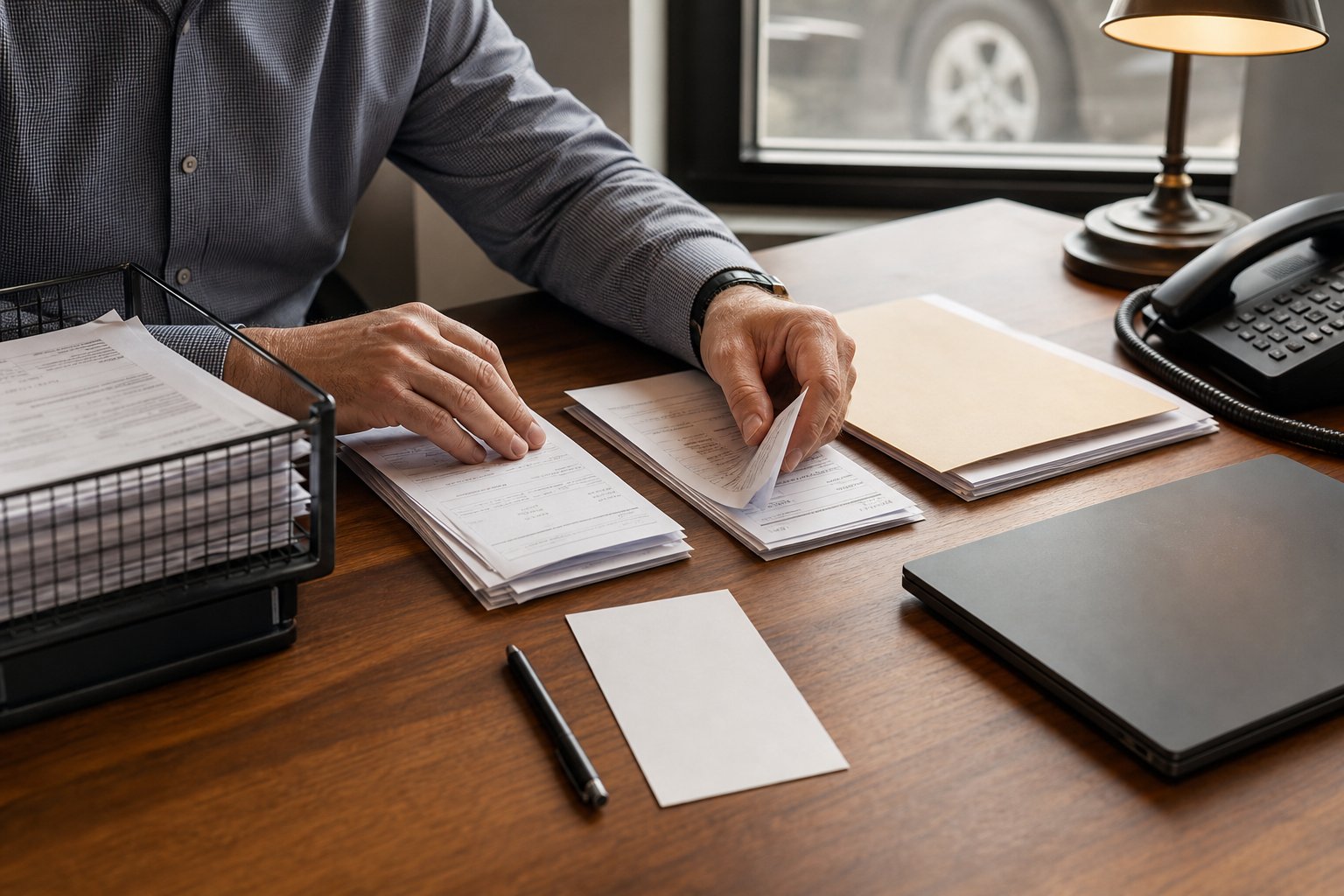 Dealership manager sorting vendor documents into a practical review routine