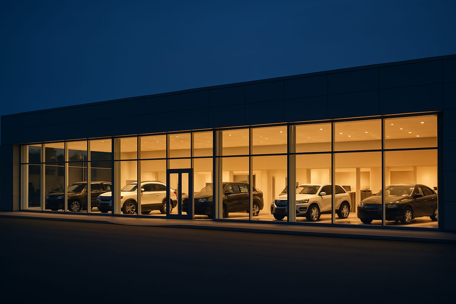 Modern automotive dealership showroom at dusk