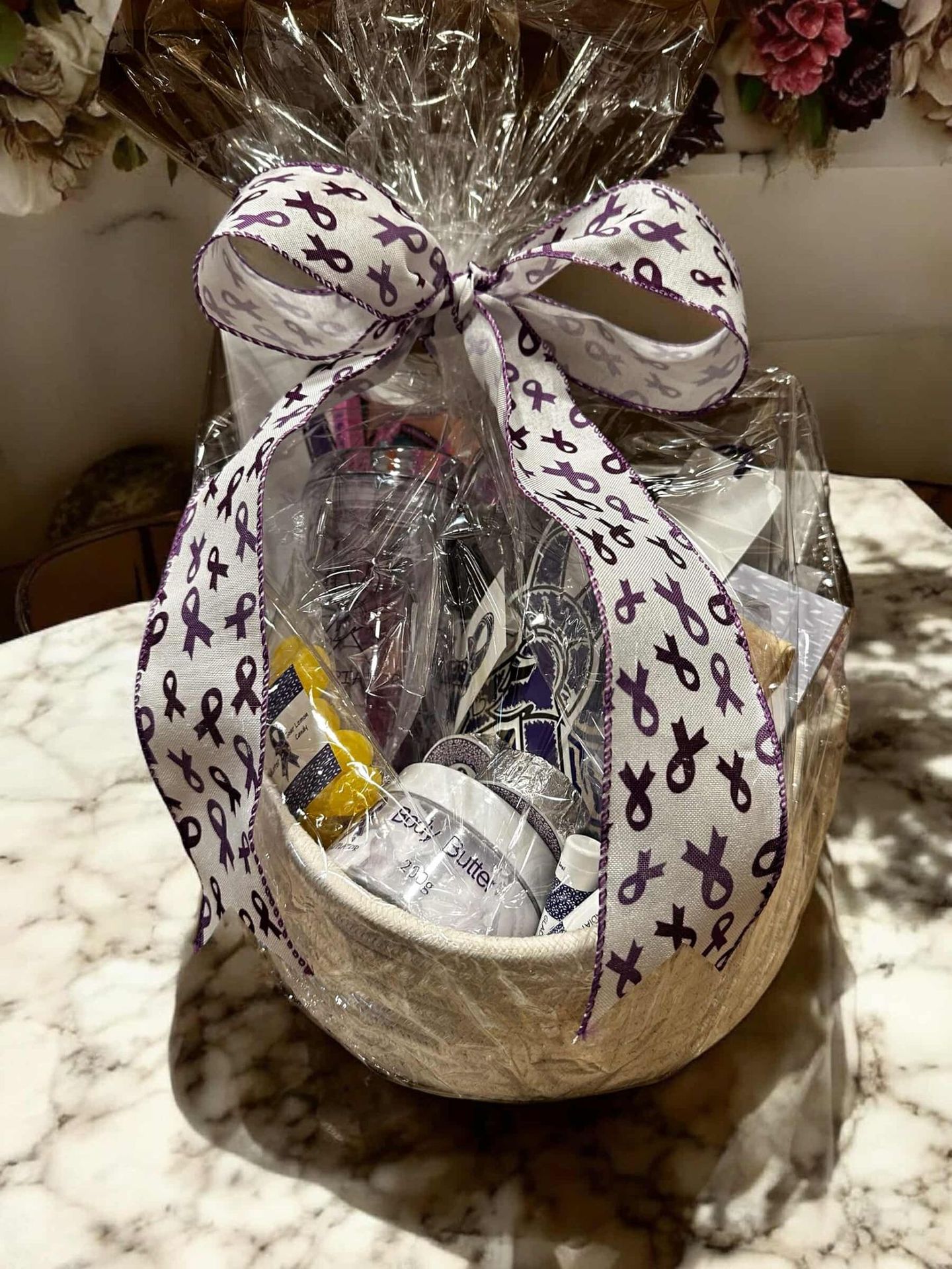 Purple ribbon cancer care gift basket