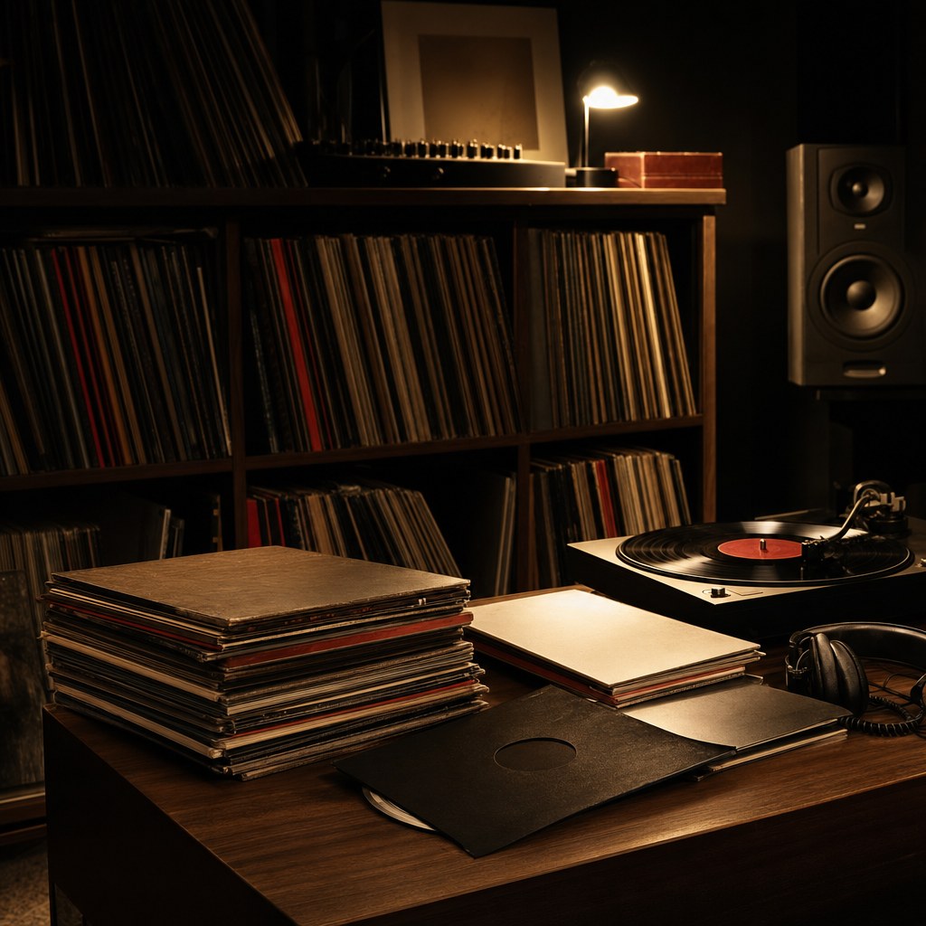 Vinyl records, turntable, and studio speakers in a warm listening room