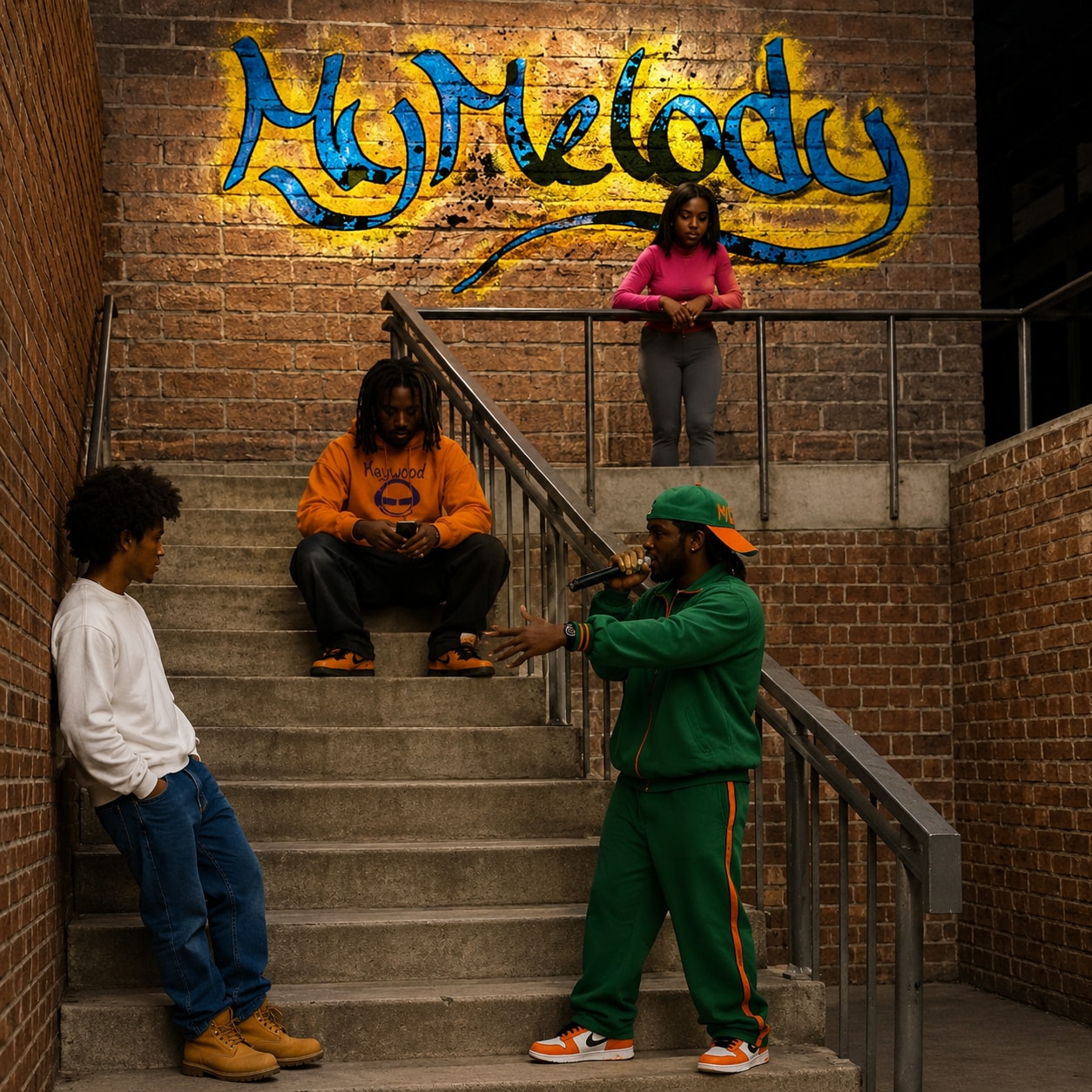 MC freestyling in a stairwell beneath a blue and gold Melody mural