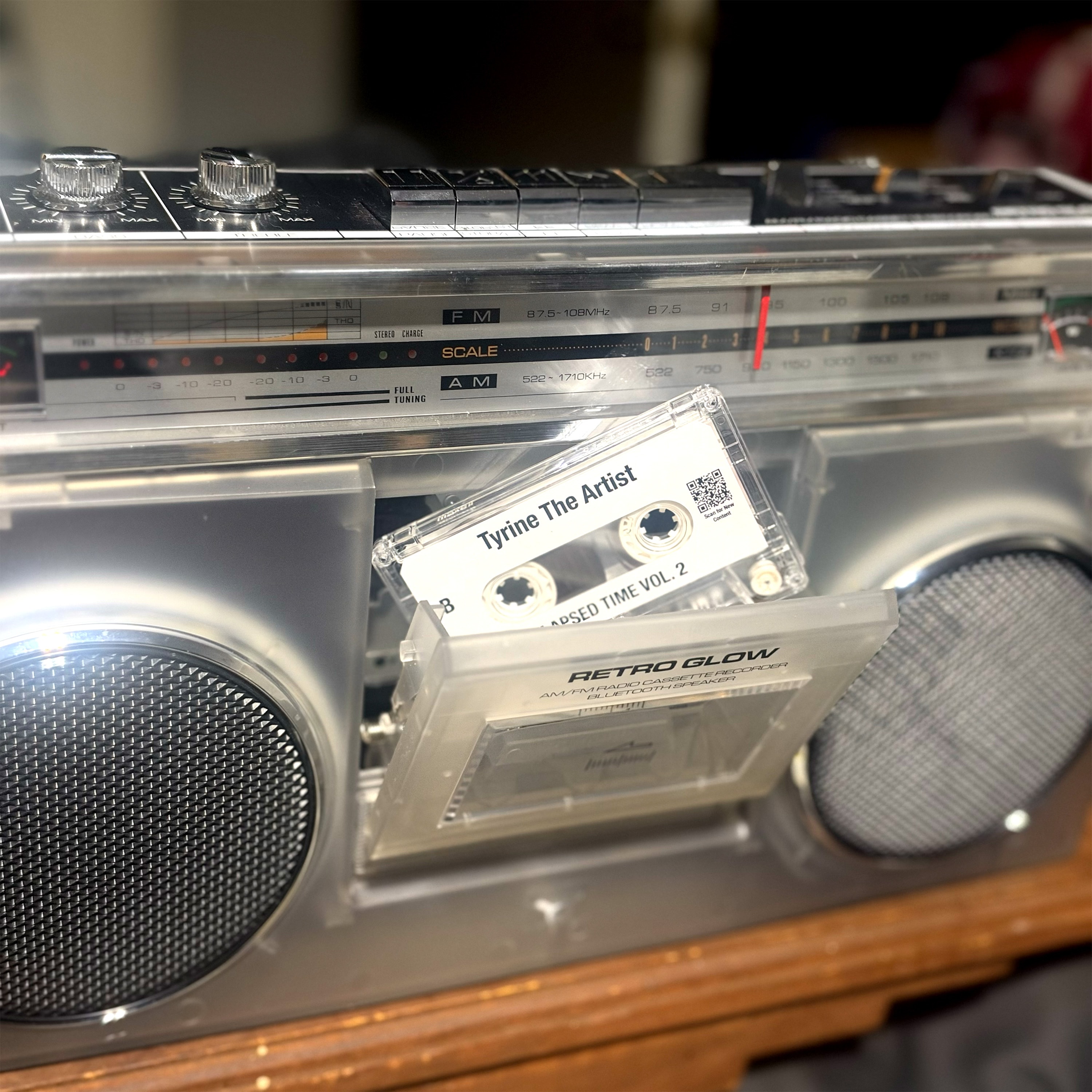Tyrine the Artist cassette in a retro cassette player and radio