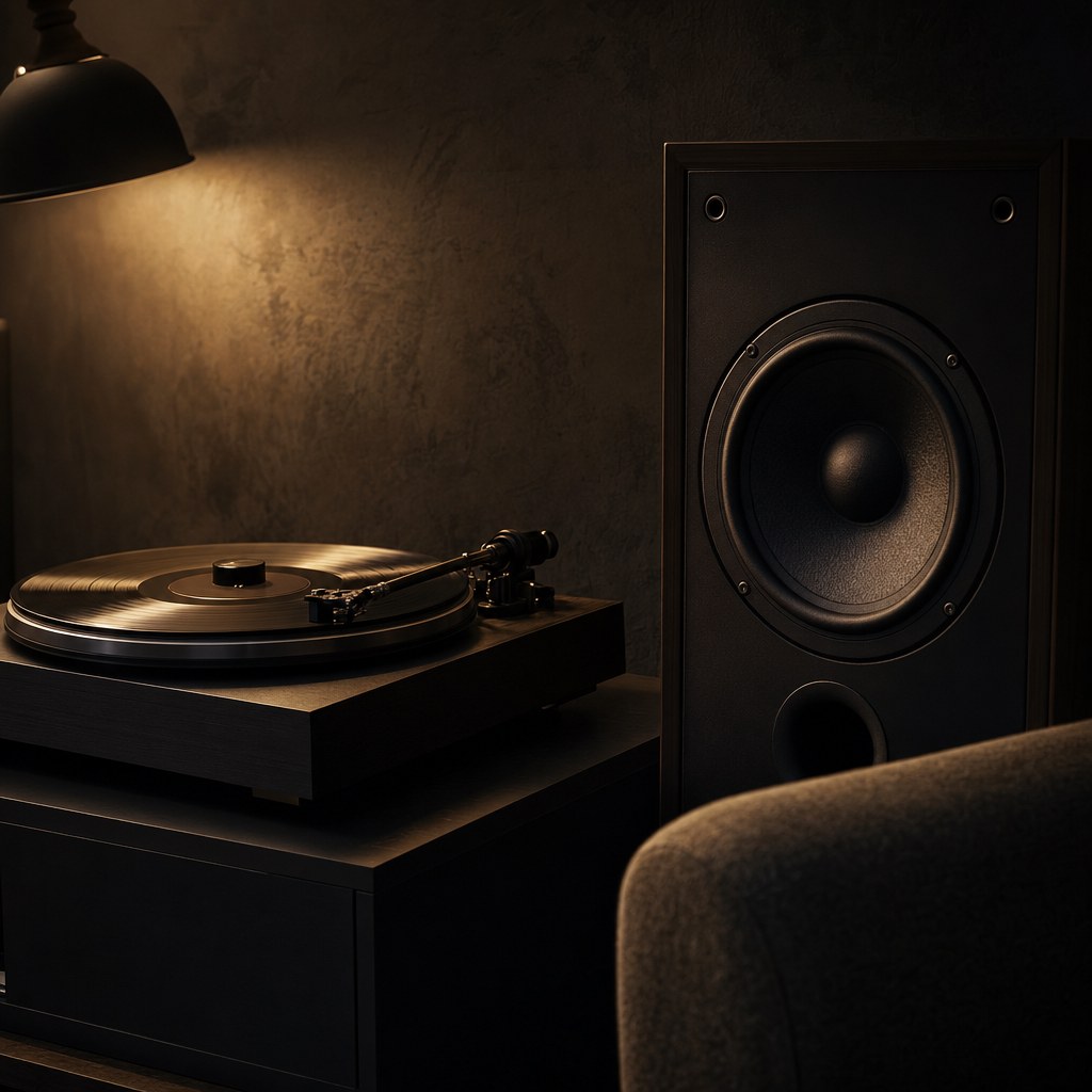 Vinyl record player and studio speaker in a dark listening room