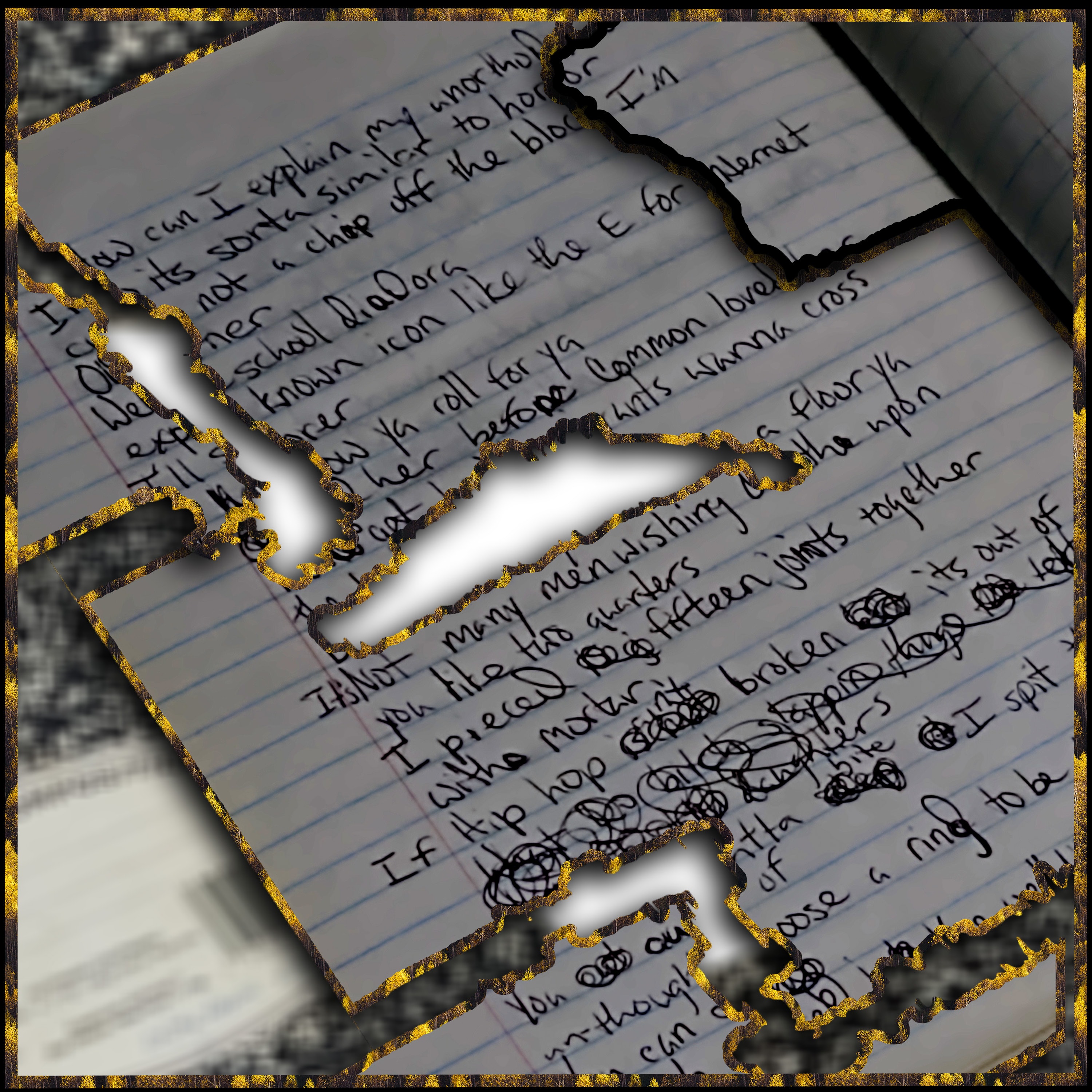 Handwritten lyric notebook pages with crossed-out lines and gold-edged collage details