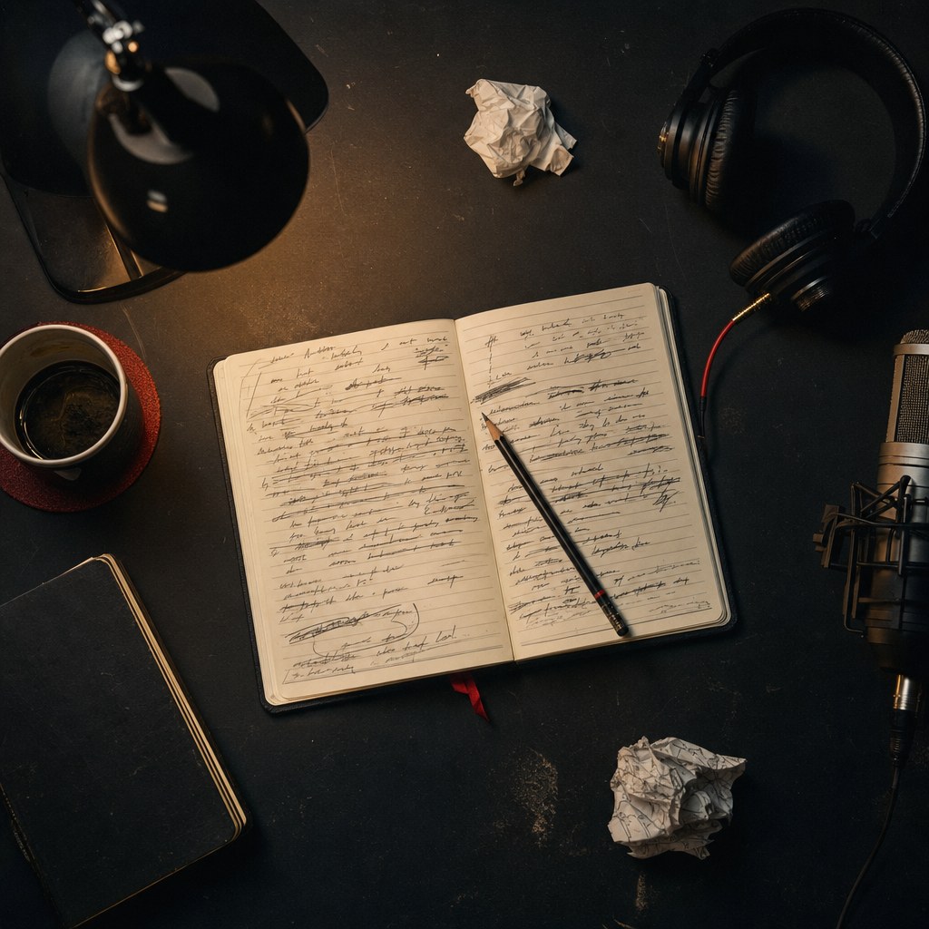Notebook, headphones, pencil, and microphone on a lyric-writing desk