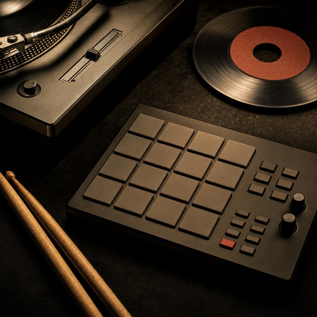 Drum-pad sampler, vinyl records, and drum sticks on a dark studio table