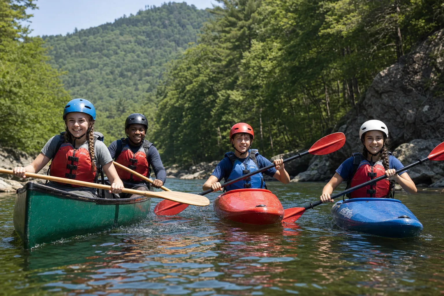 Teenagers paddling canoes and kayaks on an Appalachian river