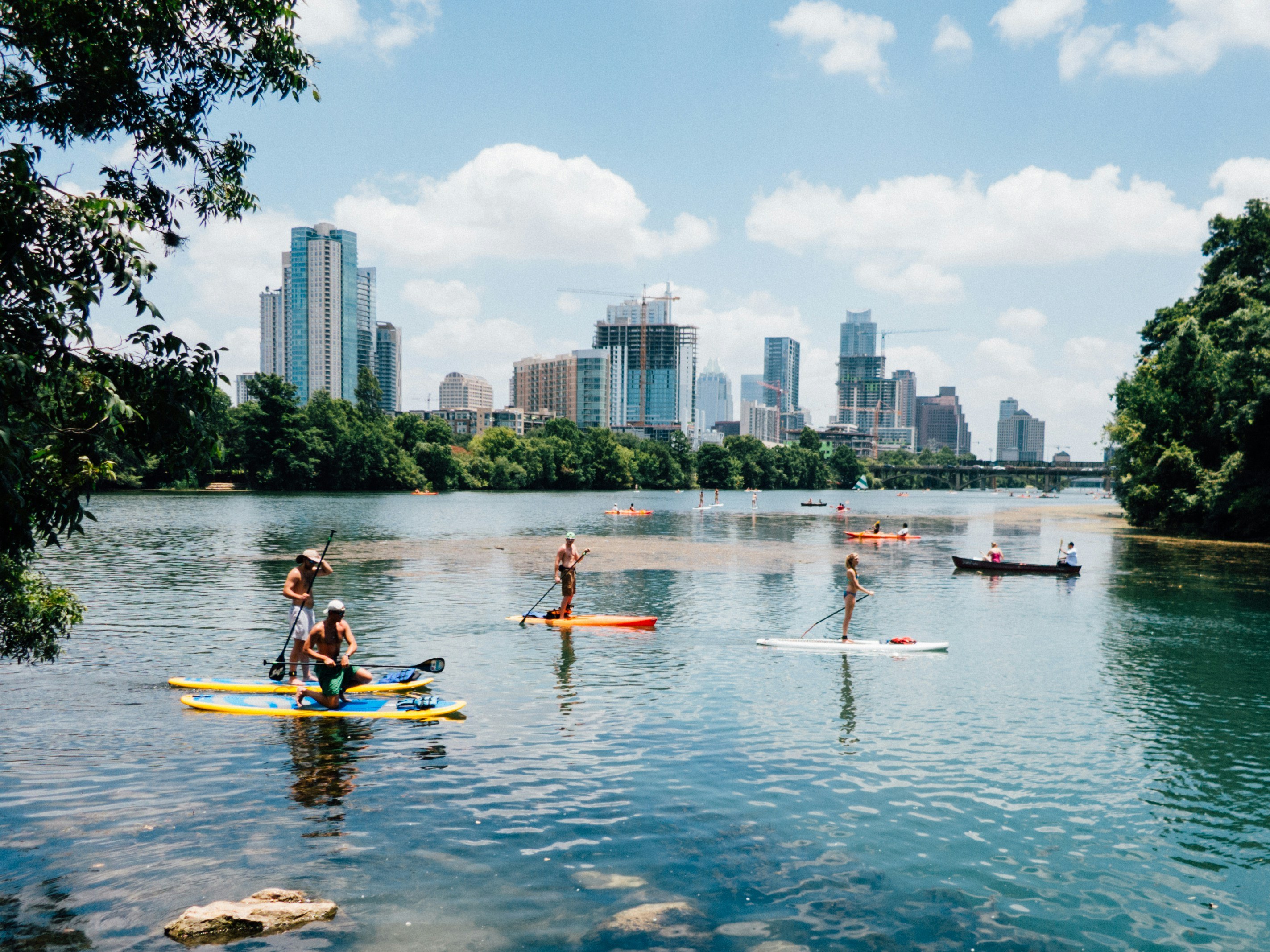 Lady Bird Lake trail and Austin skyline