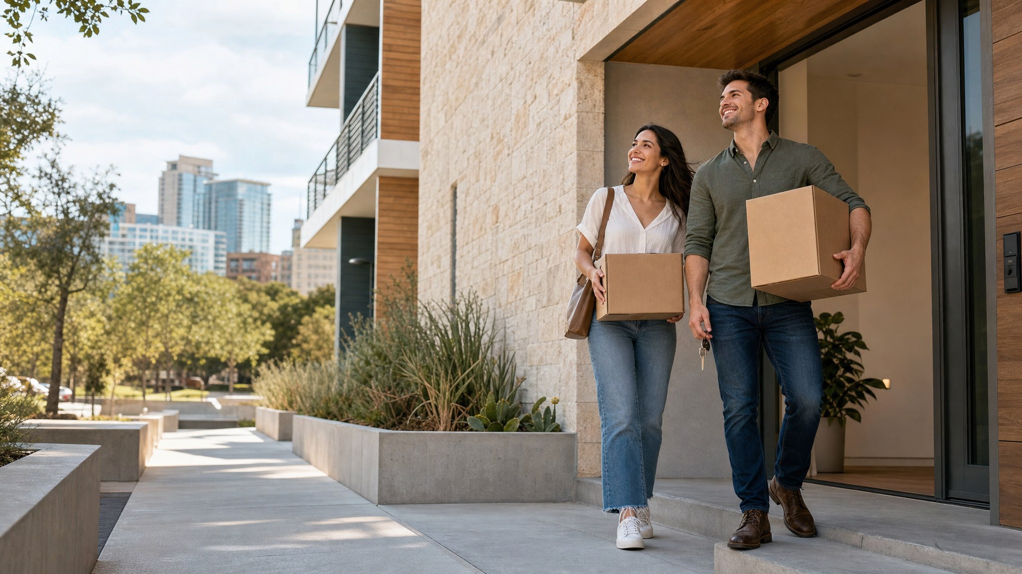 Couple arriving at a modern Austin apartment with moving boxes and keys