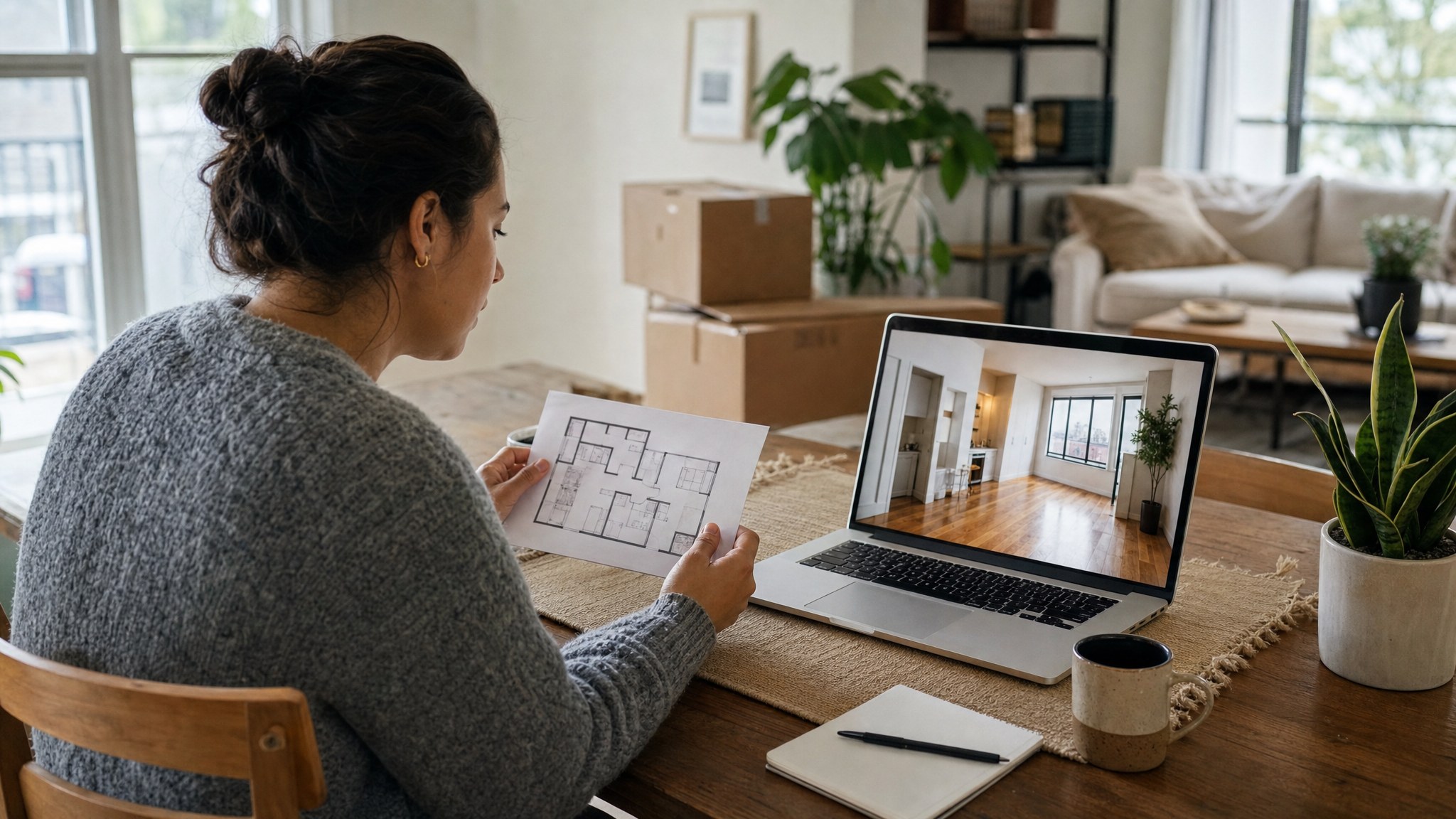 Renter comparing a floor plan with a virtual apartment tour before moving