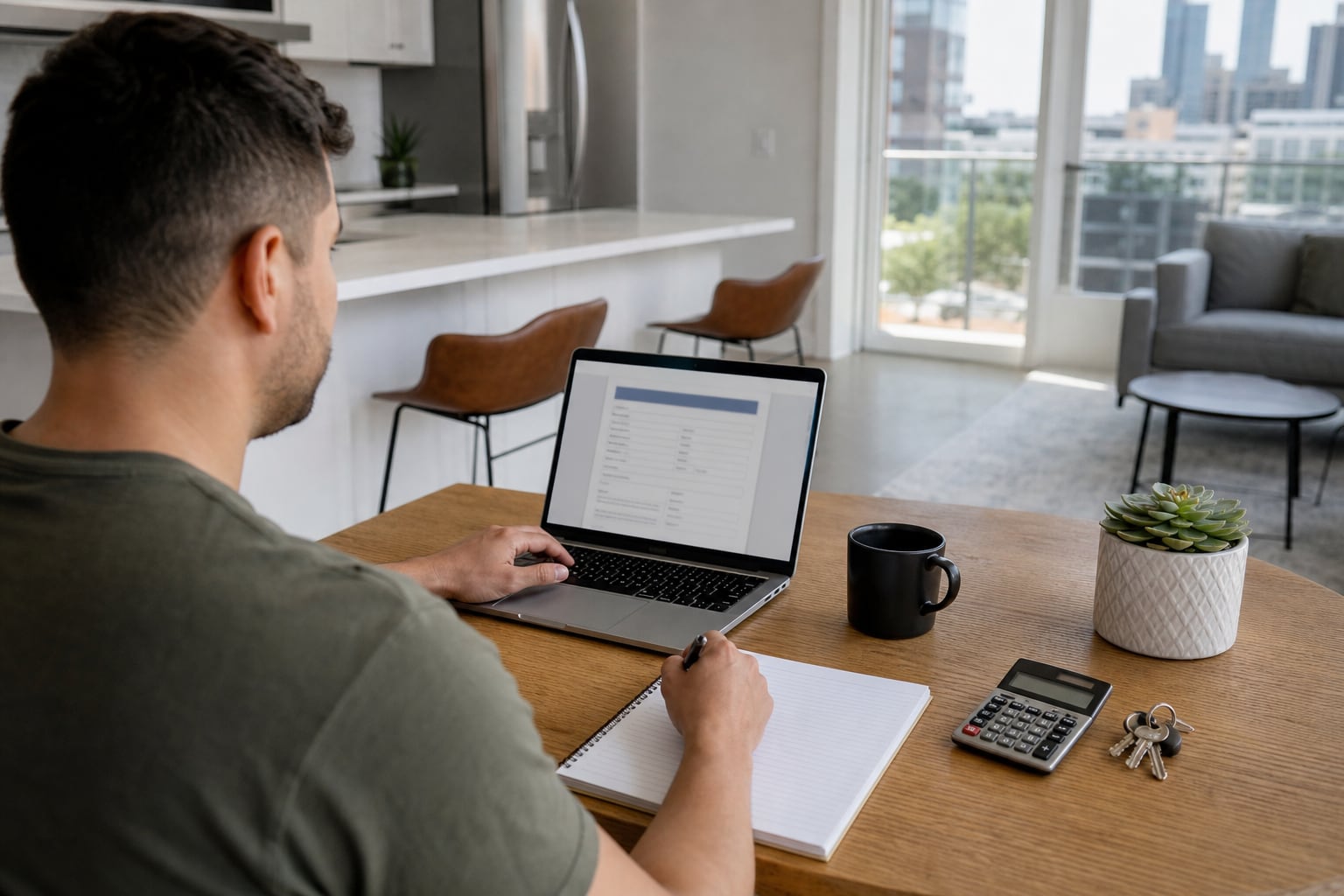Renter reviewing an apartment application on a laptop beside a calculator and keys