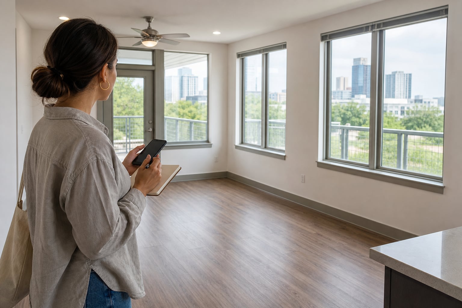 Renter taking notes while viewing a bright empty Austin apartment