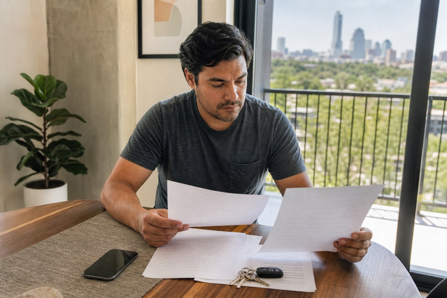 Renter reviewing apartment paperwork and a quote before reserving a home