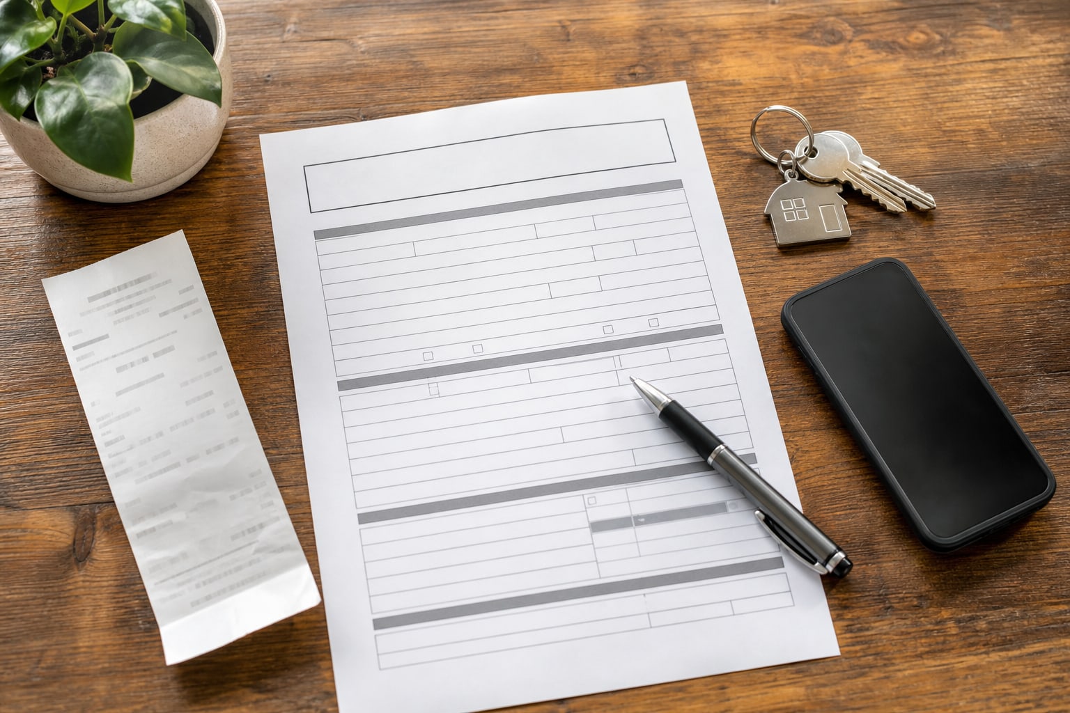 Rental paperwork, receipt, phone, and apartment keys laid out for a careful review