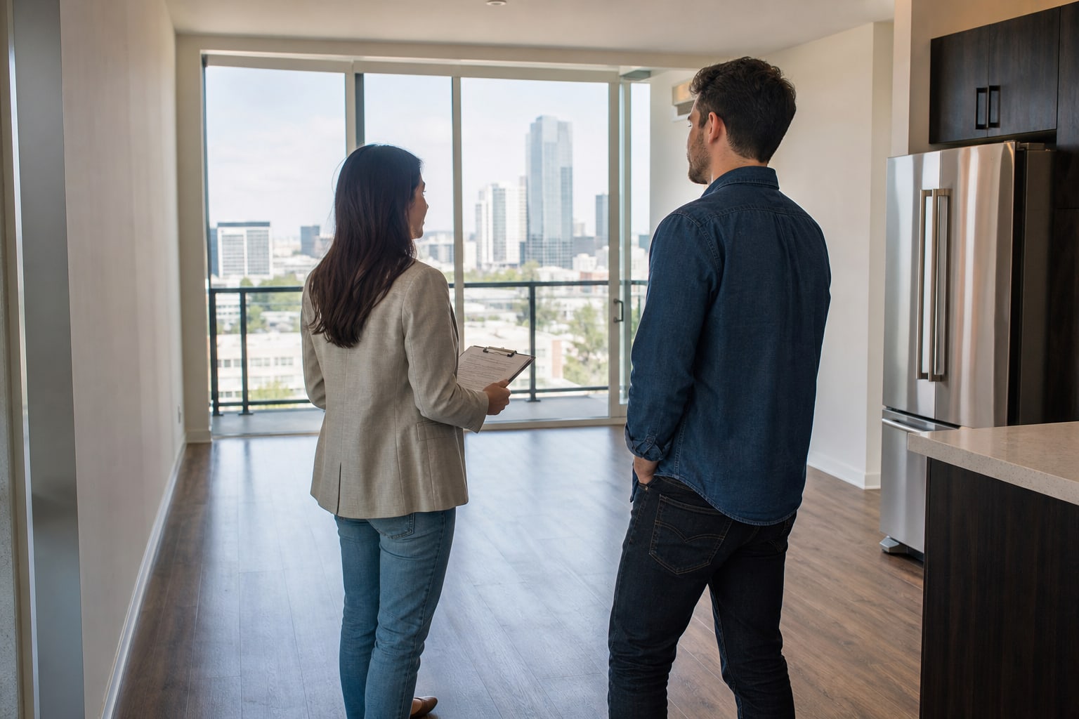 Renter and leasing professional reviewing an empty apartment before a decision