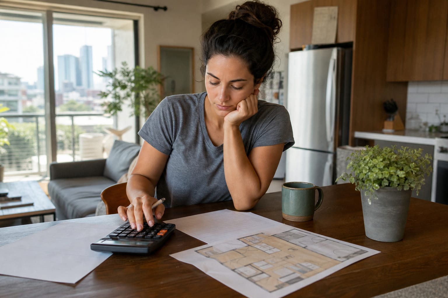 Renter using a calculator and floor plan while planning an apartment budget