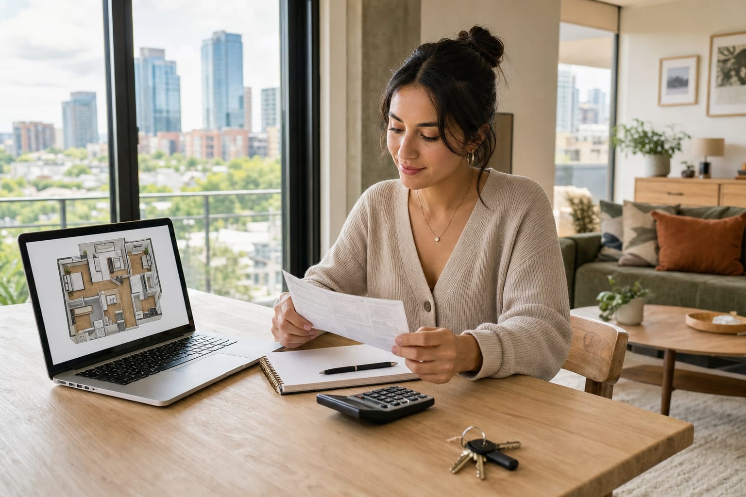 Renter comparing apartment documents and a budget before making a commitment