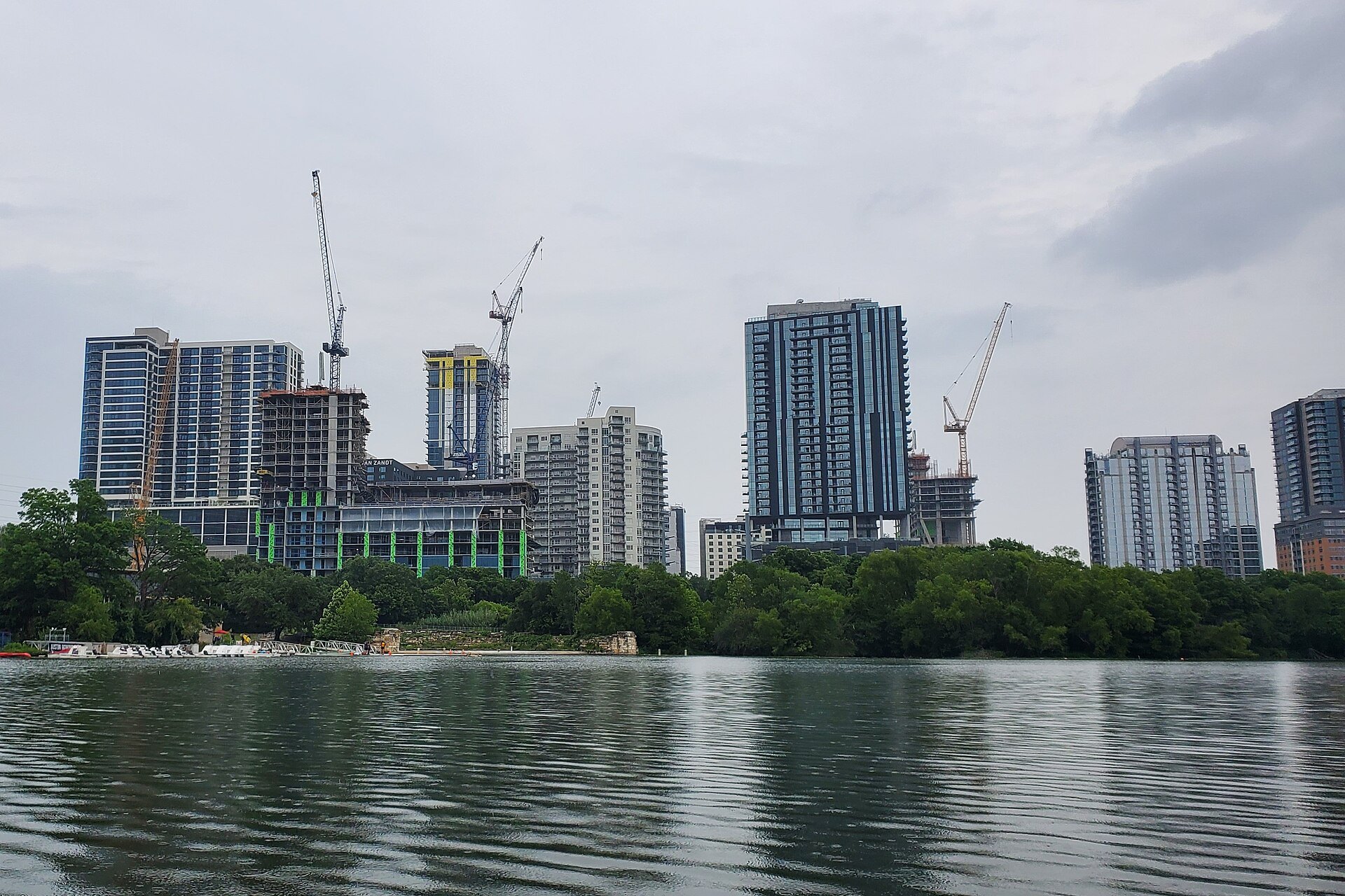 Rainey Street district high-rises along Lady Bird Lake in Austin