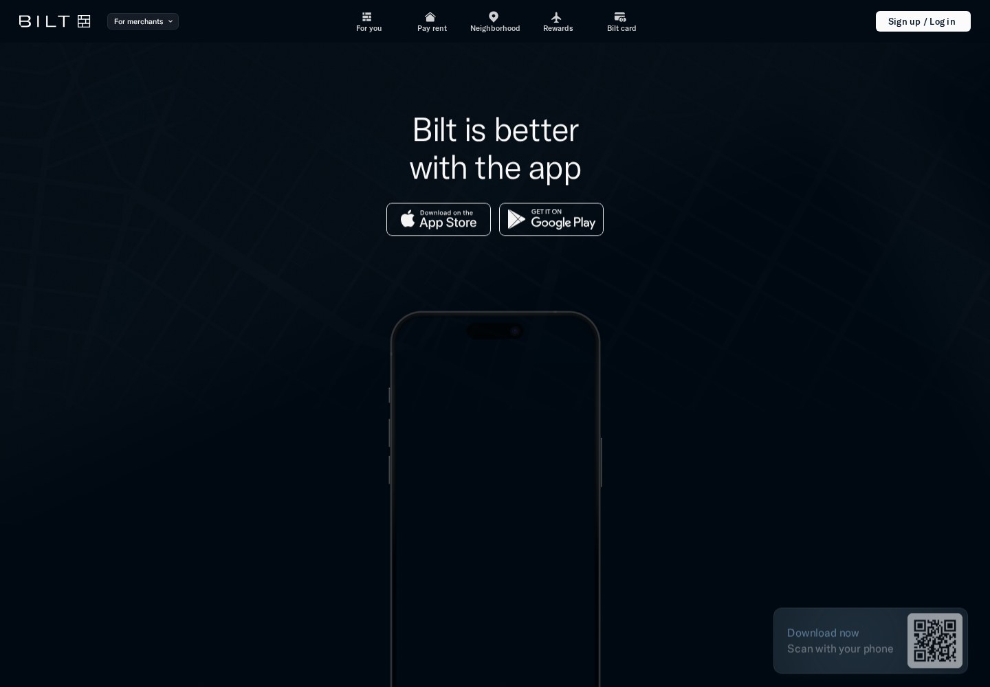 Bilt’s official app page showing rent, neighborhood, and rewards sections
