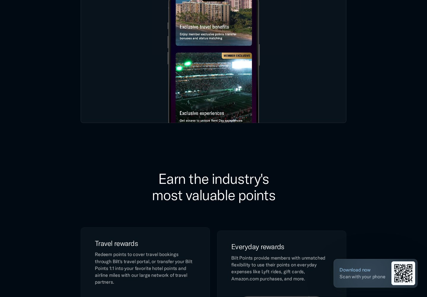 Bilt’s official rewards page describing travel and everyday reward options
