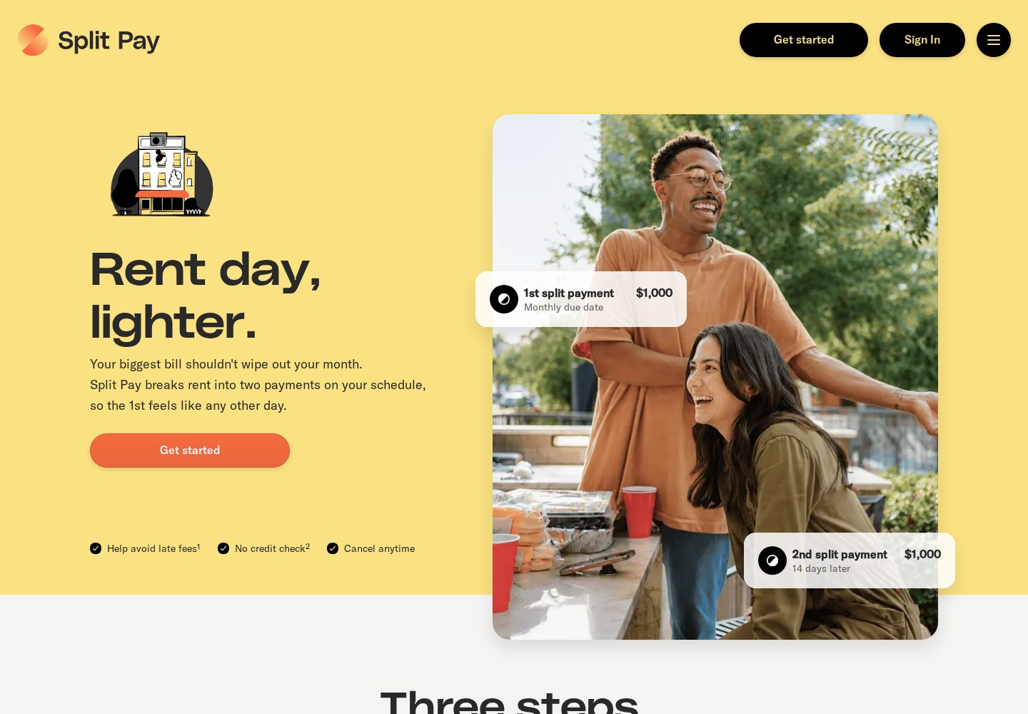 Split Pay’s official rent page describing two scheduled rent installments