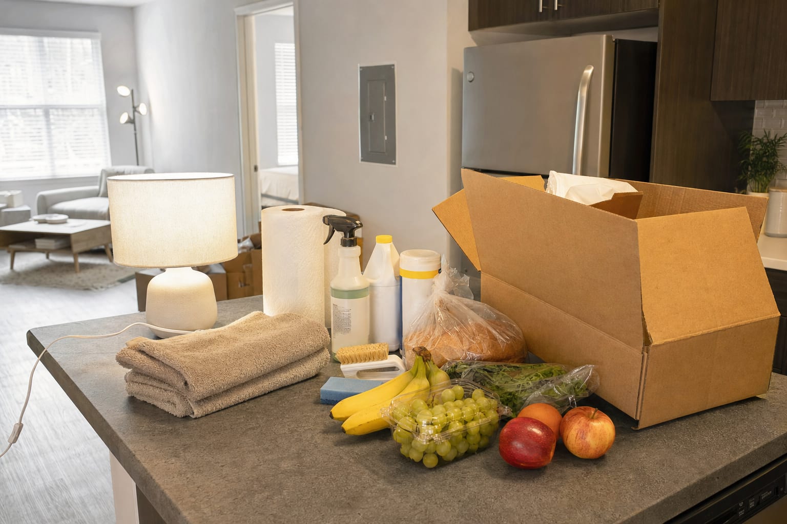 Apartment kitchen counter with moving box, groceries, cleaning supplies, towels, and a lamp