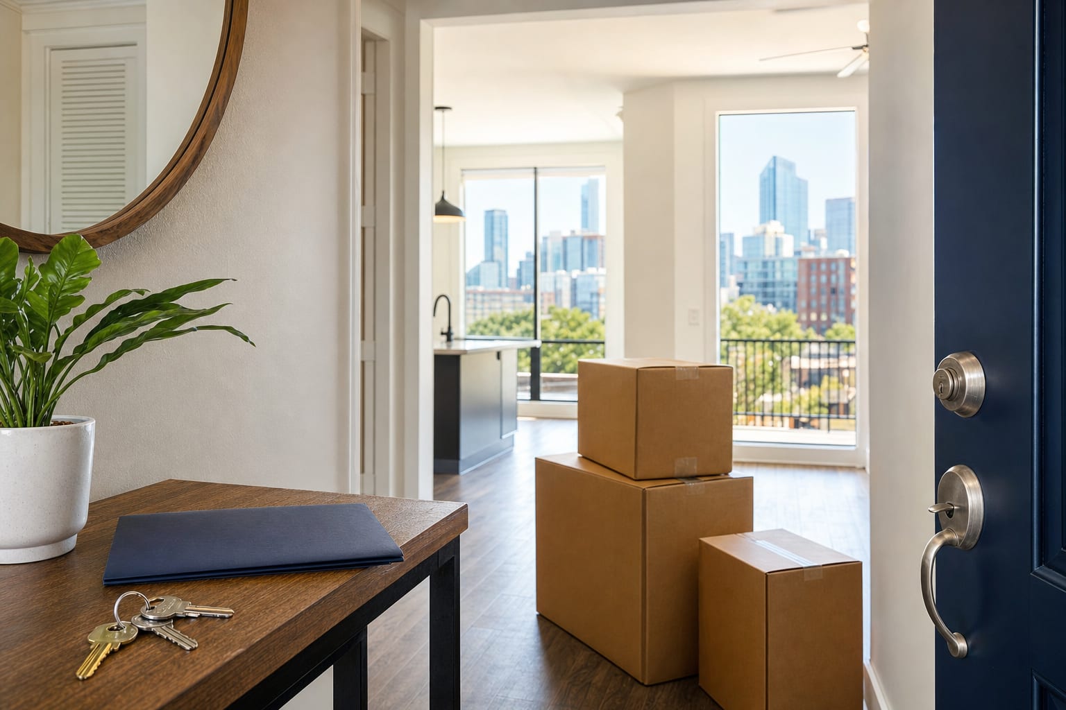Apartment entryway with packed moving boxes and keys ready for move-in