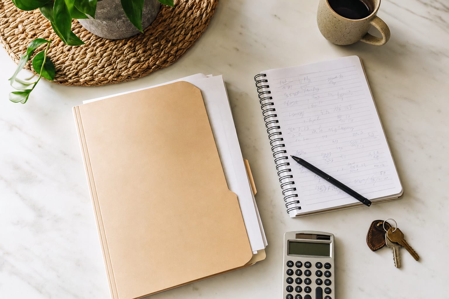 Folder, calculator, notebook, and apartment keys arranged for reviewing a move-in quote