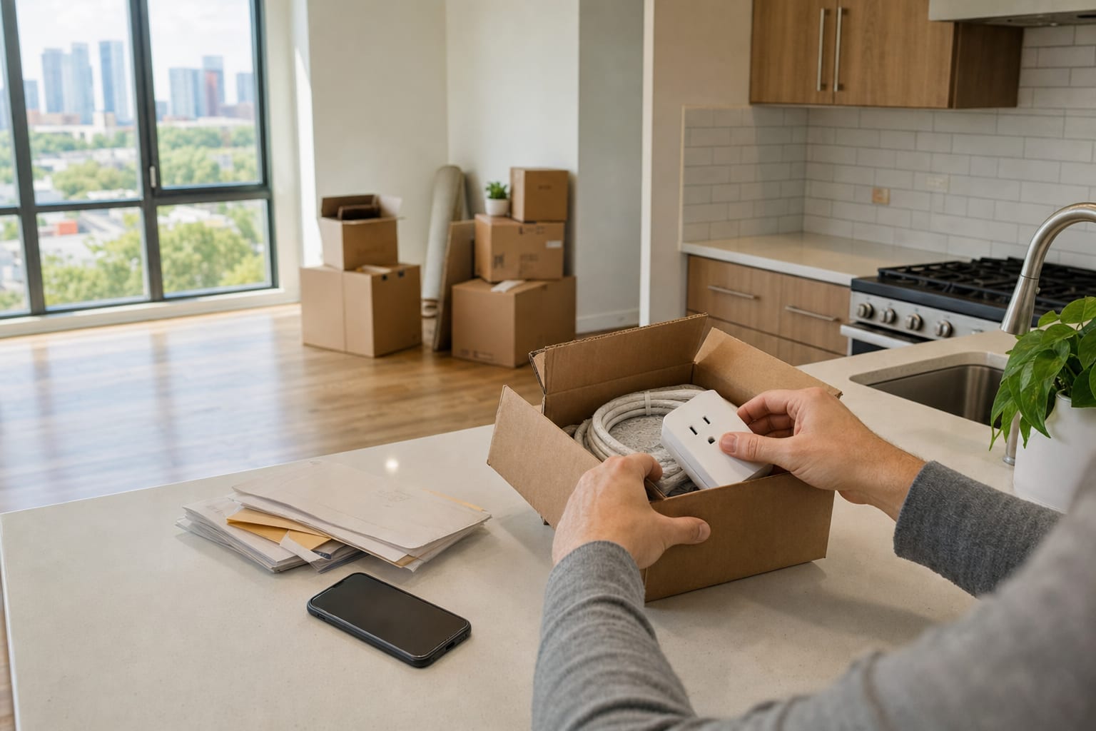 Renter unpacking home connection equipment in a bright apartment kitchen