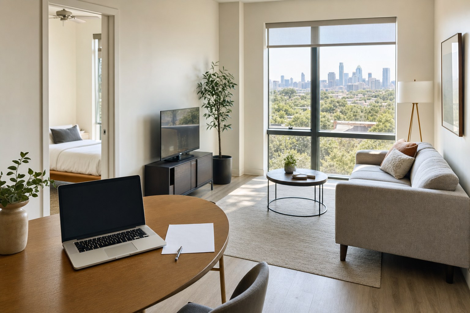 Austin apartment living room with a laptop and blank budget sheet
