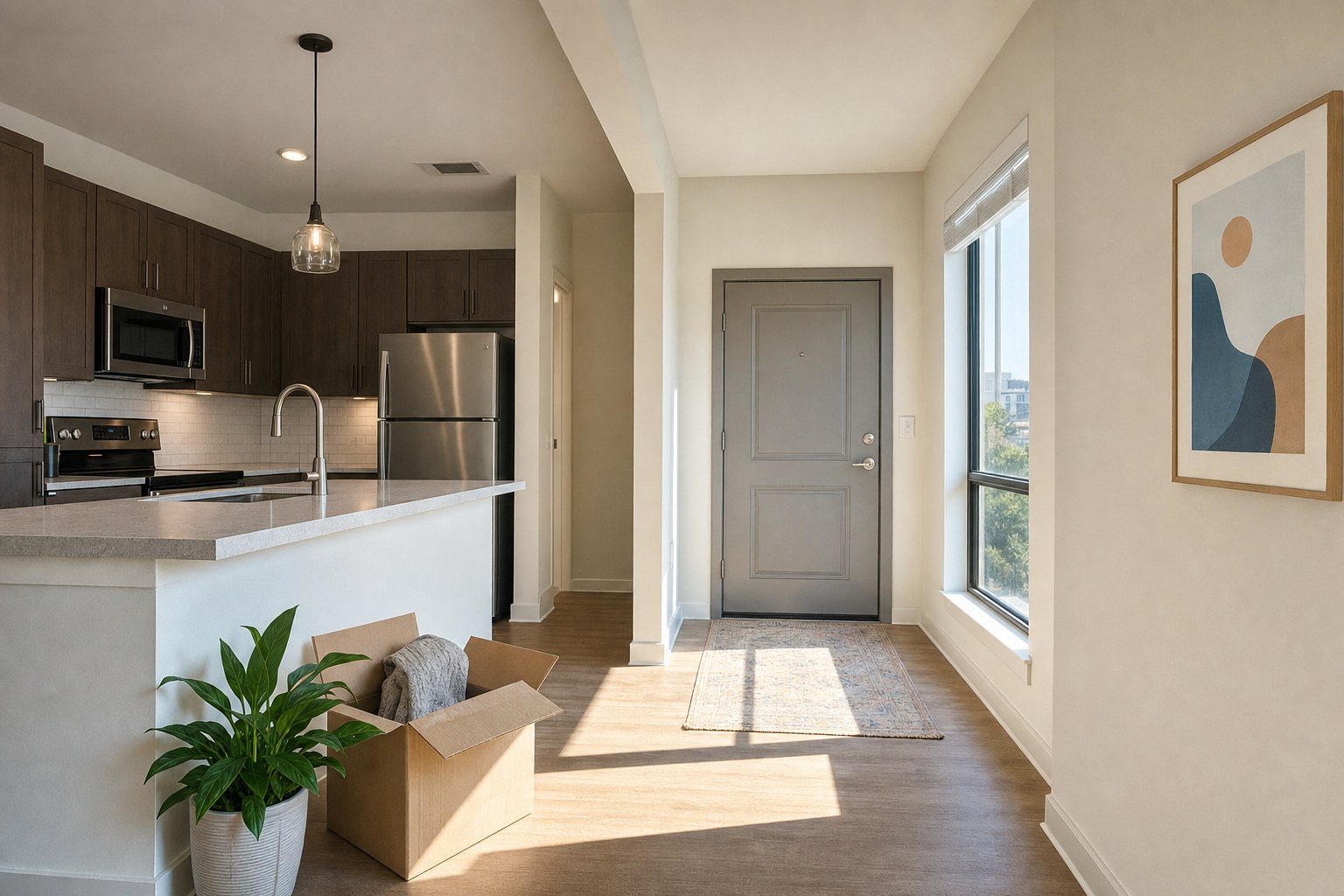 Sunlit apartment kitchen and entryway with a moving box ready for move-in