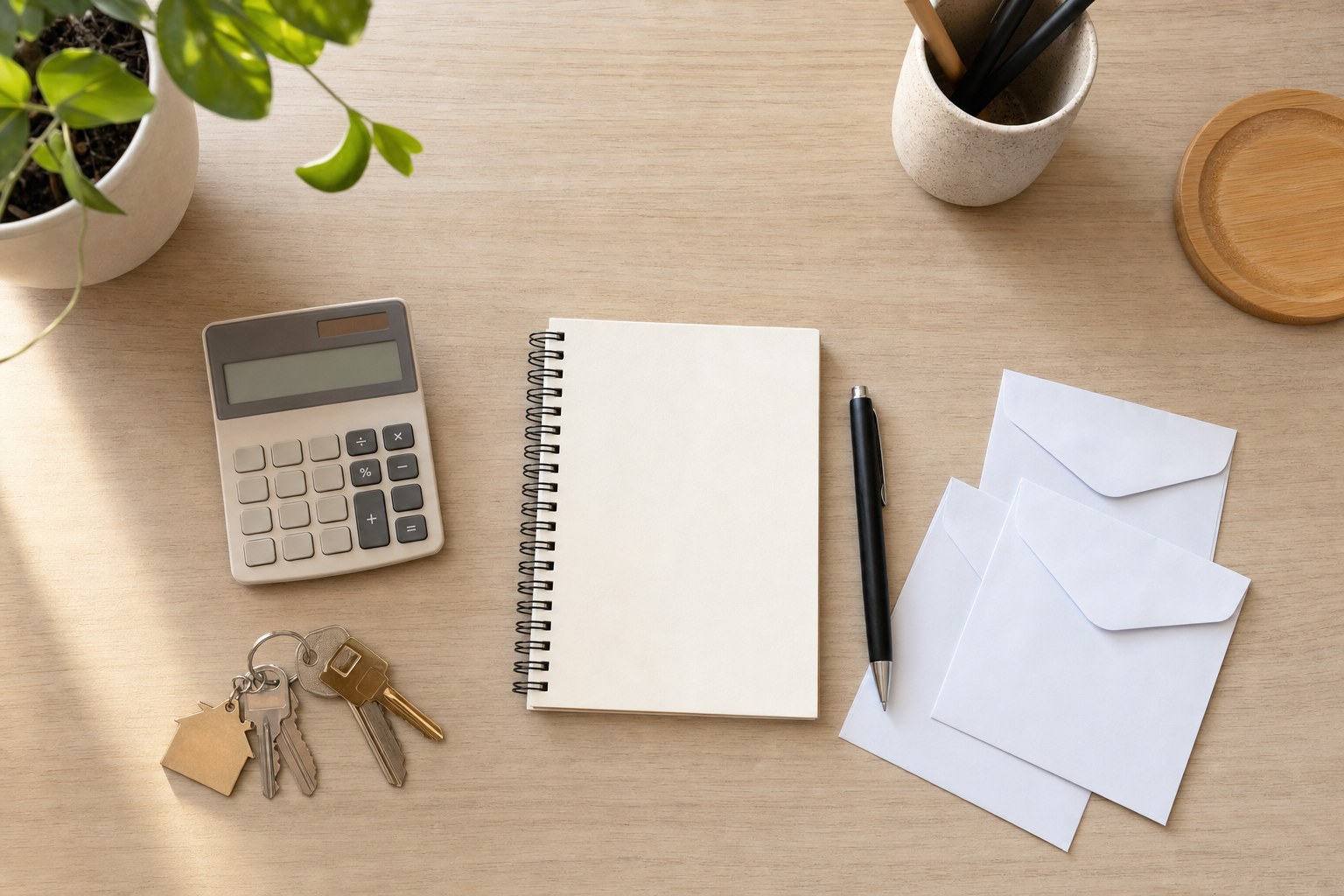 Calculator, apartment keys, notebook, and envelopes arranged for monthly planning