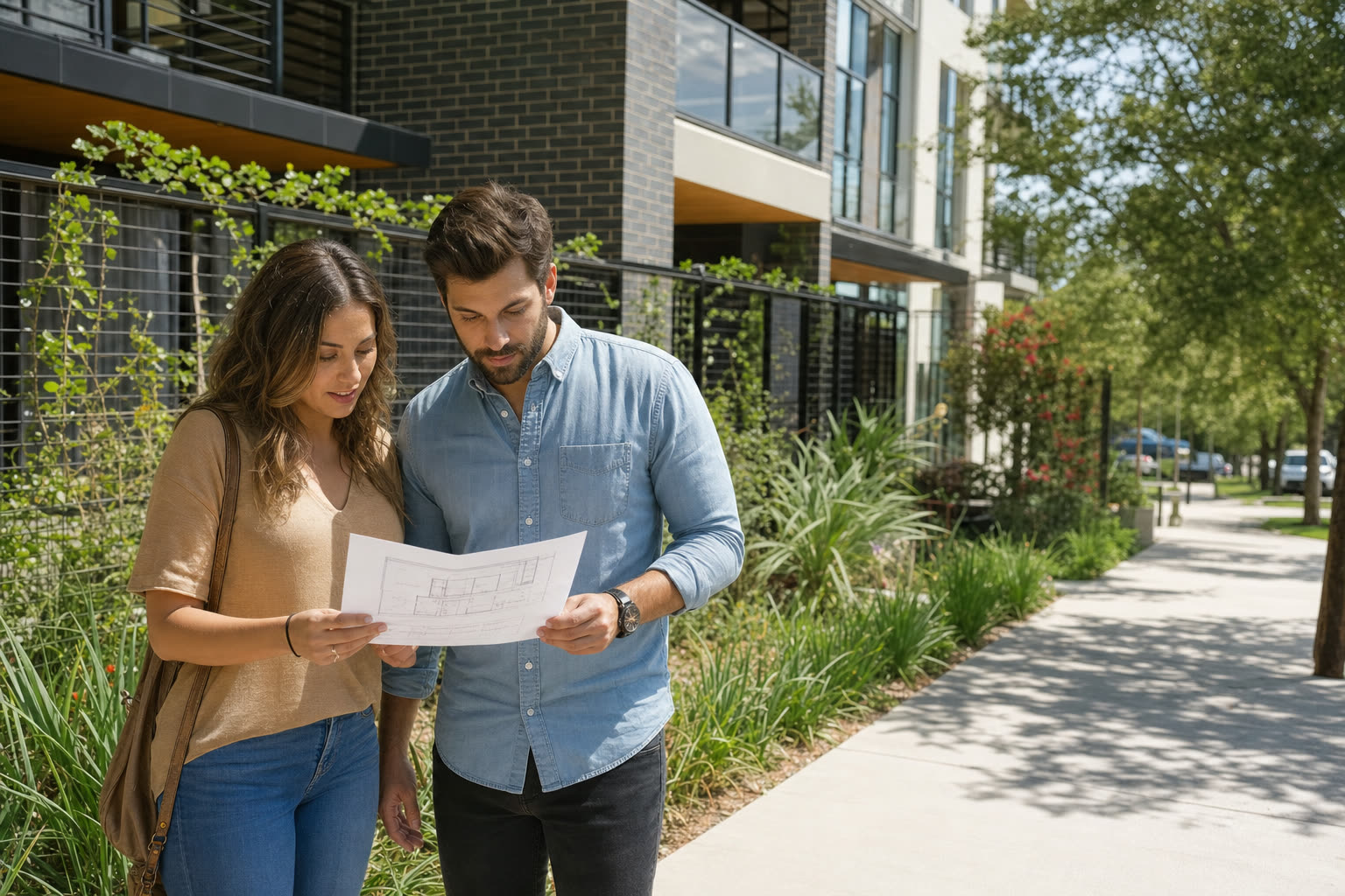 Two renters reviewing a floor plan outside an Austin apartment community