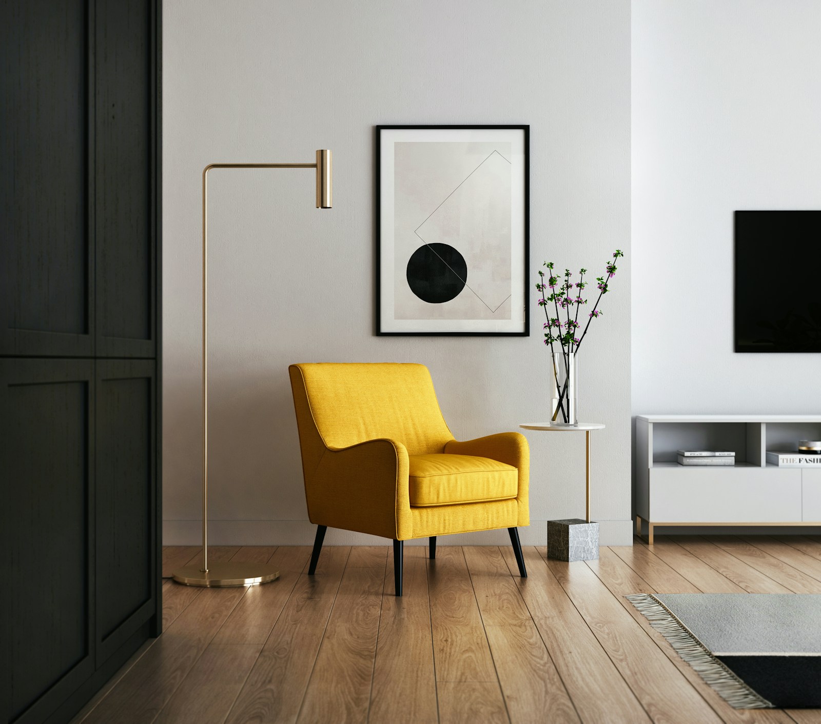 Bright, staged home interior with a reading chair