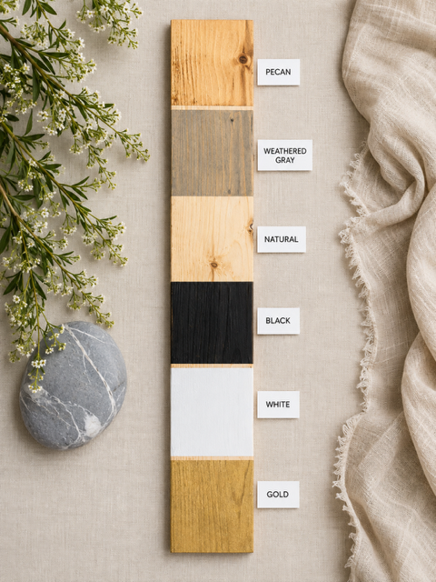Frame color samples labeled Pecan, Weathered Gray, Natural, Black, White, and Gold