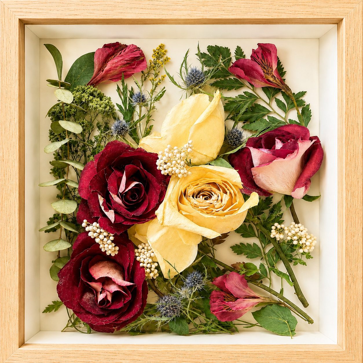 Red and yellow preserved roses with greenery in a natural wood 10 by 10 frame