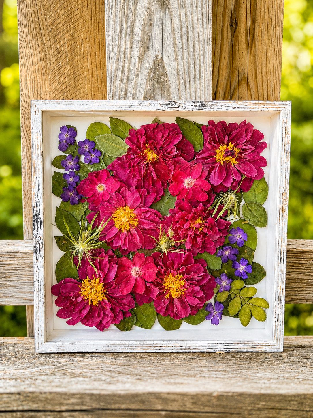 Pink and purple preserved flowers in a distressed white 11 by 14 frame