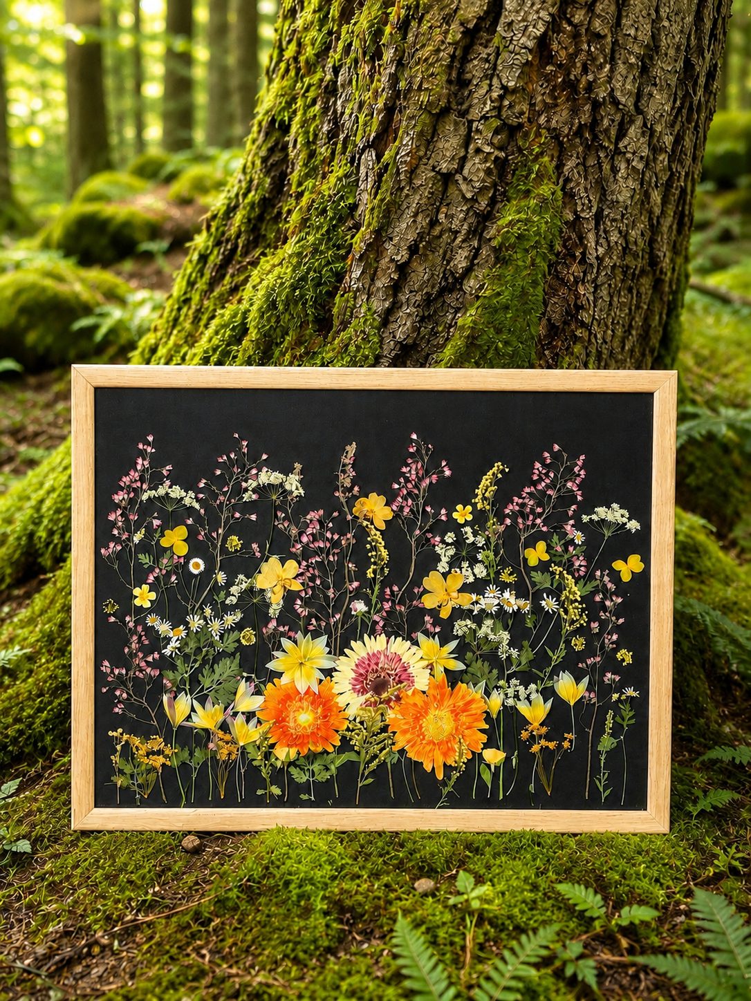 Yellow, orange and pink preserved flowers against a black background in a natural wood 18 by 24 frame