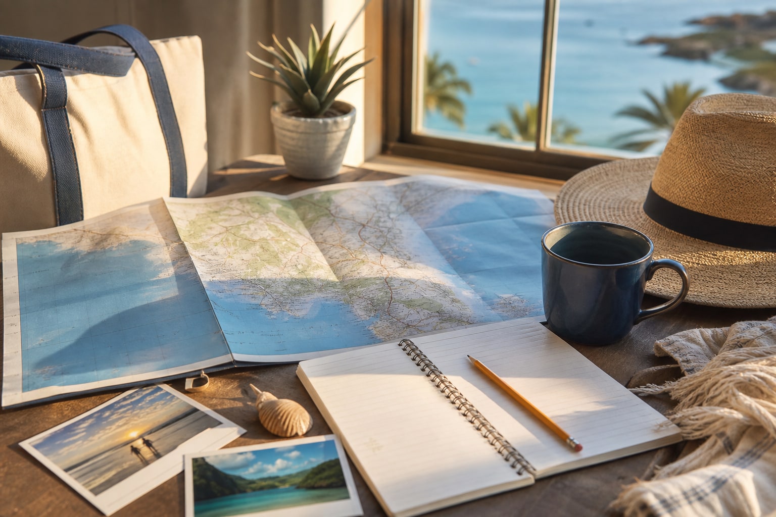 Travel planning supplies and maps beside a window