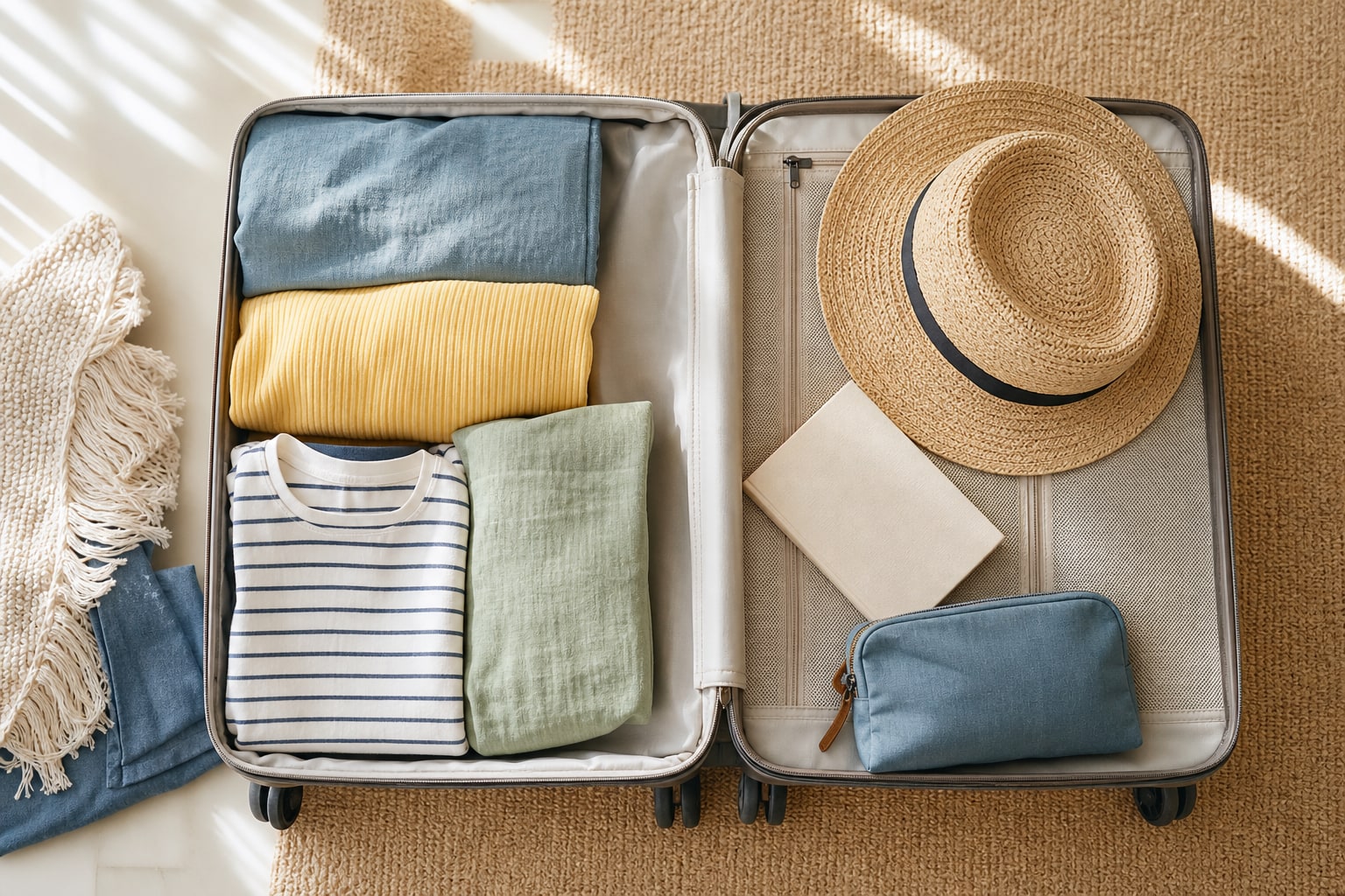 Open suitcase packed neatly for a family vacation