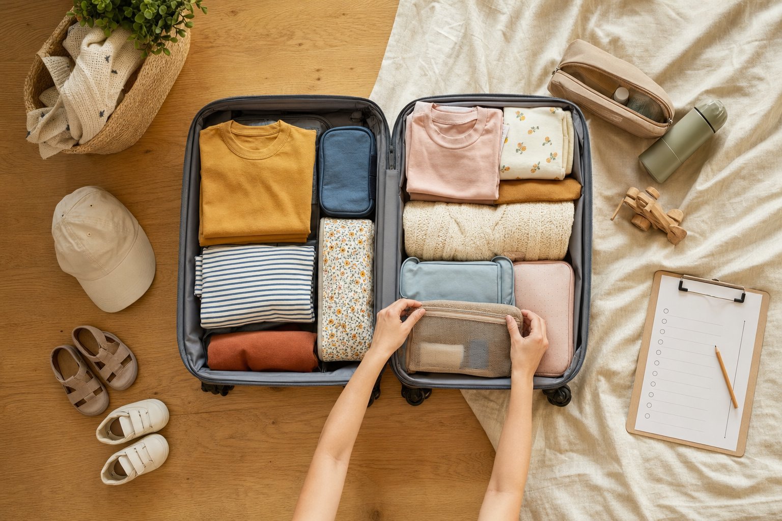 Family suitcase being packed with clothes and travel essentials