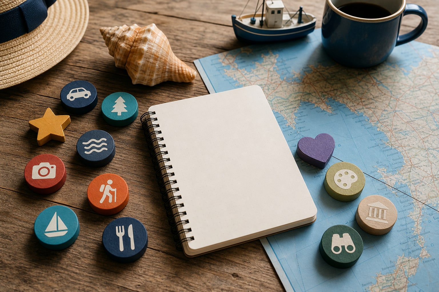 Travel planning notebook with colorful tokens representing different vacation priorities