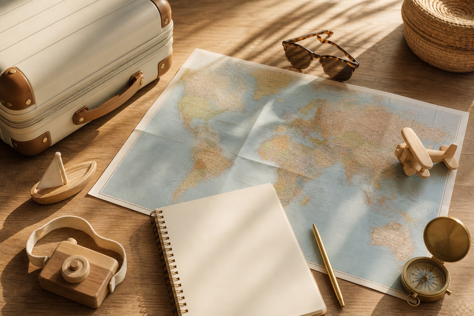 Map and travel items laid out for family vacation planning