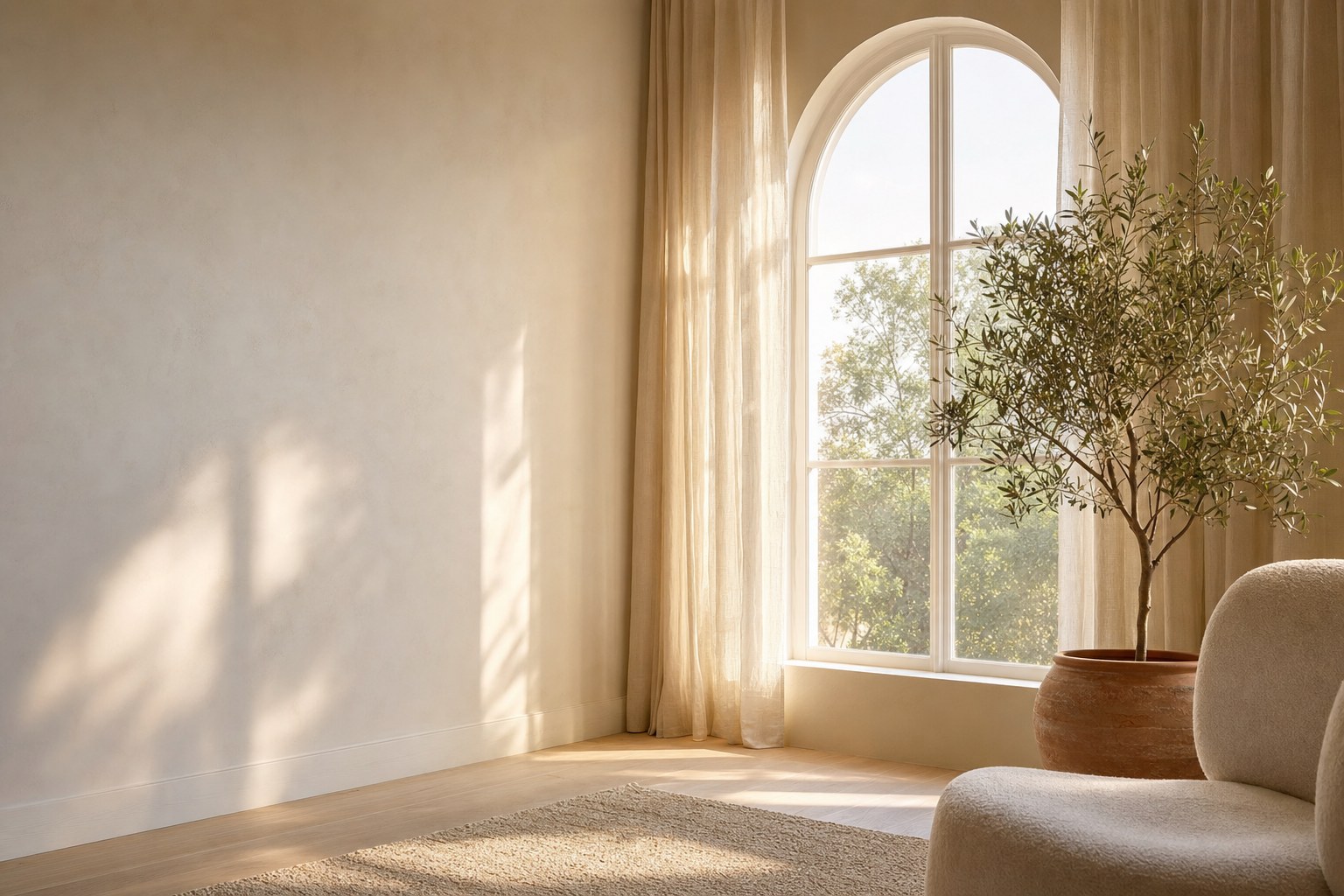 Quiet warm room with a sunlit arched window