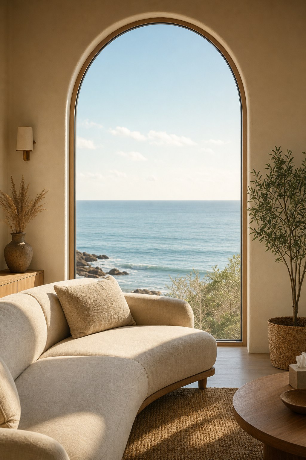 Comfortable cream couch beside an arched window overlooking the ocean