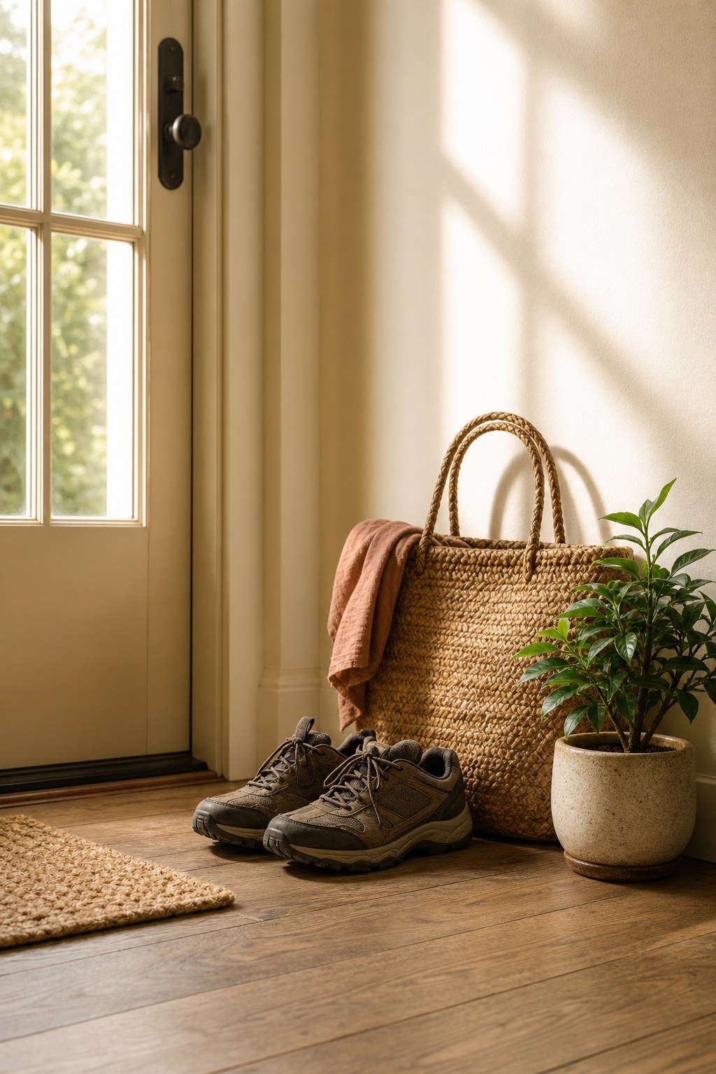 Walking shoes and a woven tote beside a sunlit doorway