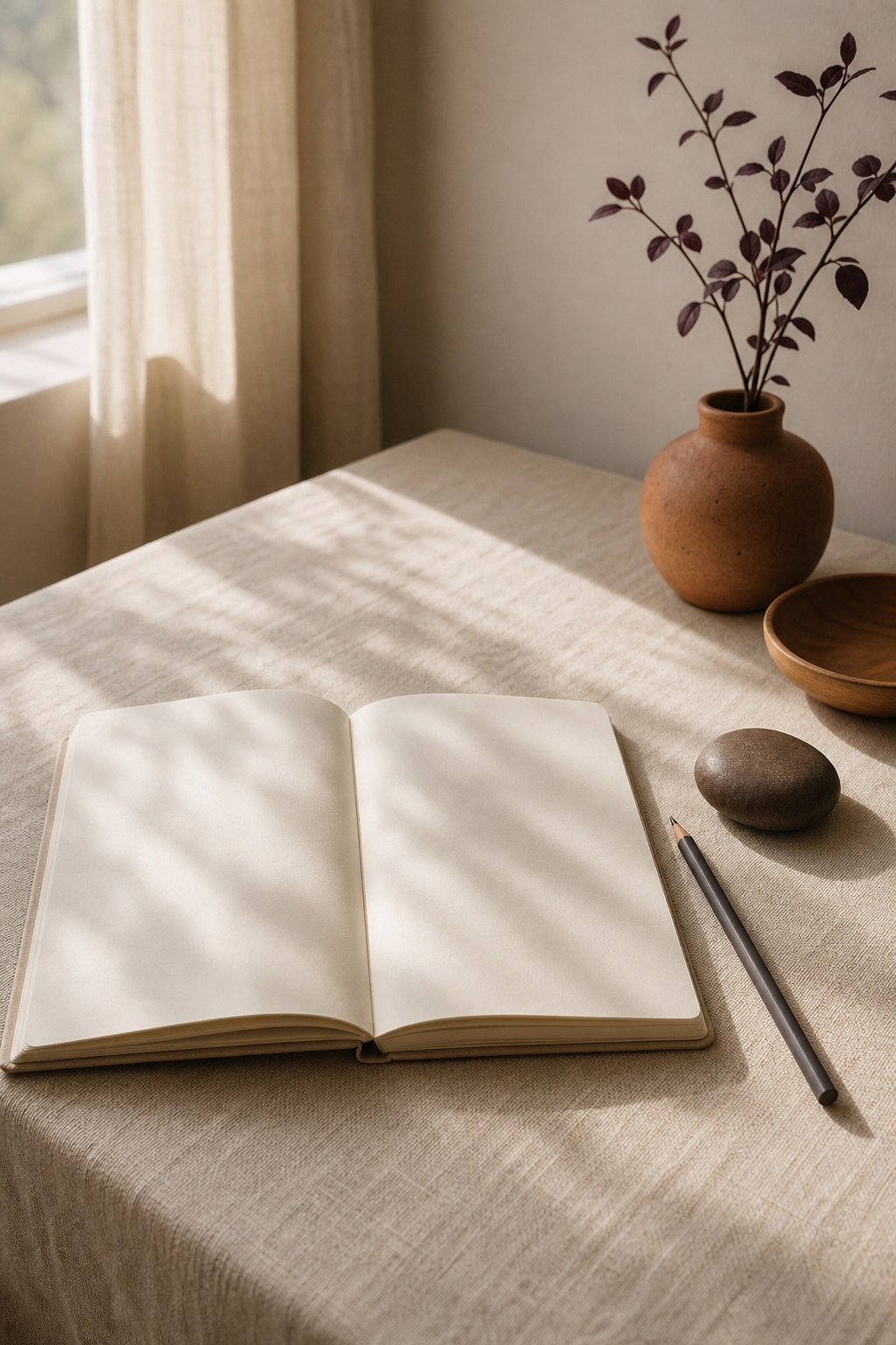 Open blank notebook on a sunlit cream linen desk