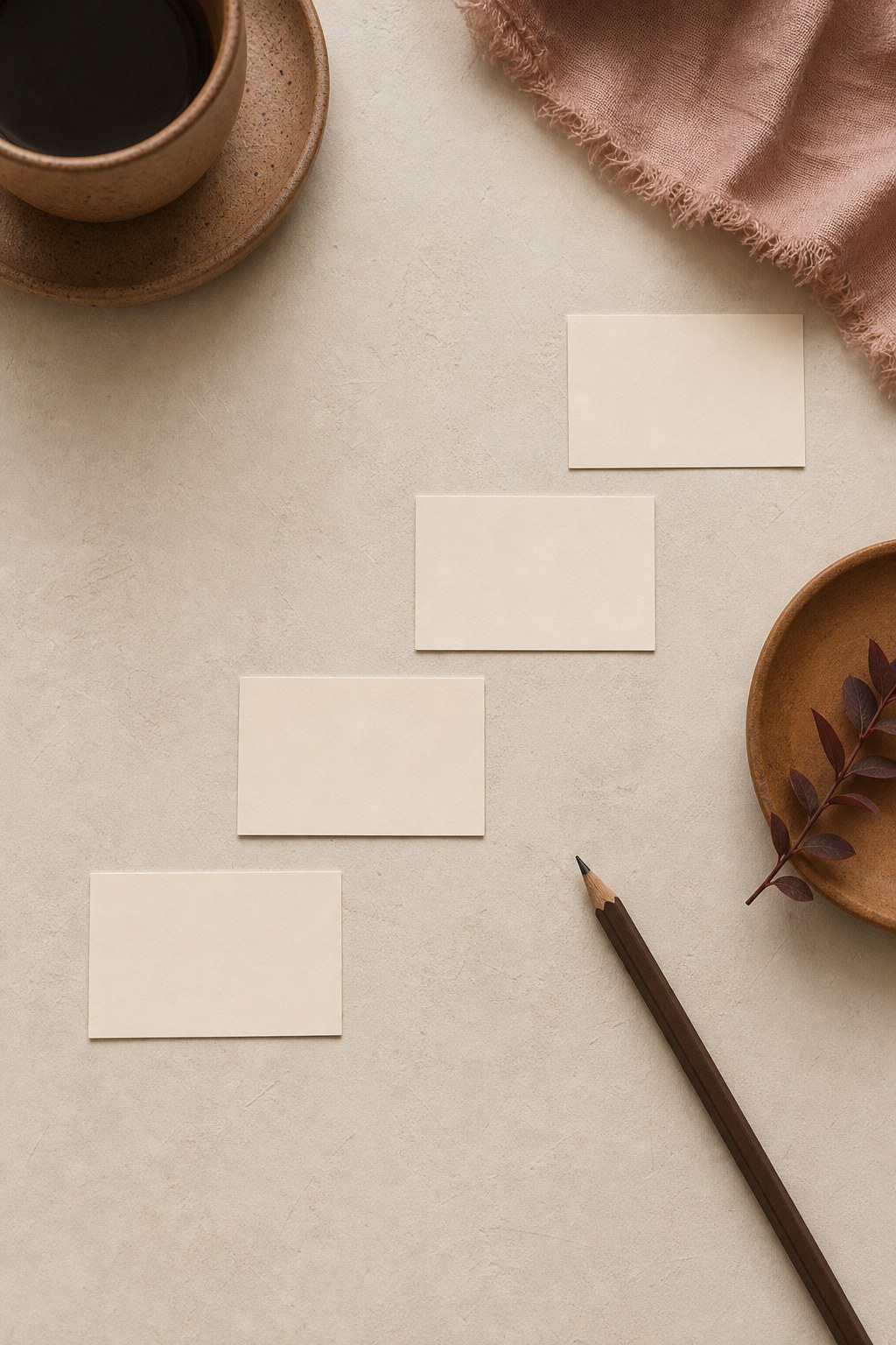 Blank cards arranged in a gentle ascending path on a cream table